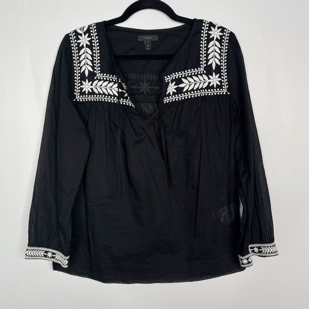 J Crew Womens XSmall Black White Embroidered Semolina Top Indian Voile Peasant